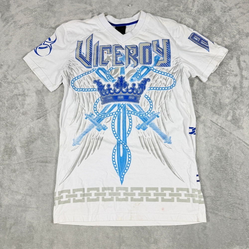 Raw Blue Mens Medium Viceroy Graphic T-Shirt Y2K Blue Glitter Swords White